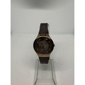 Elegant Womens Gold-Tone Watch With Brown Mesh Band & Crystal Hour Markers